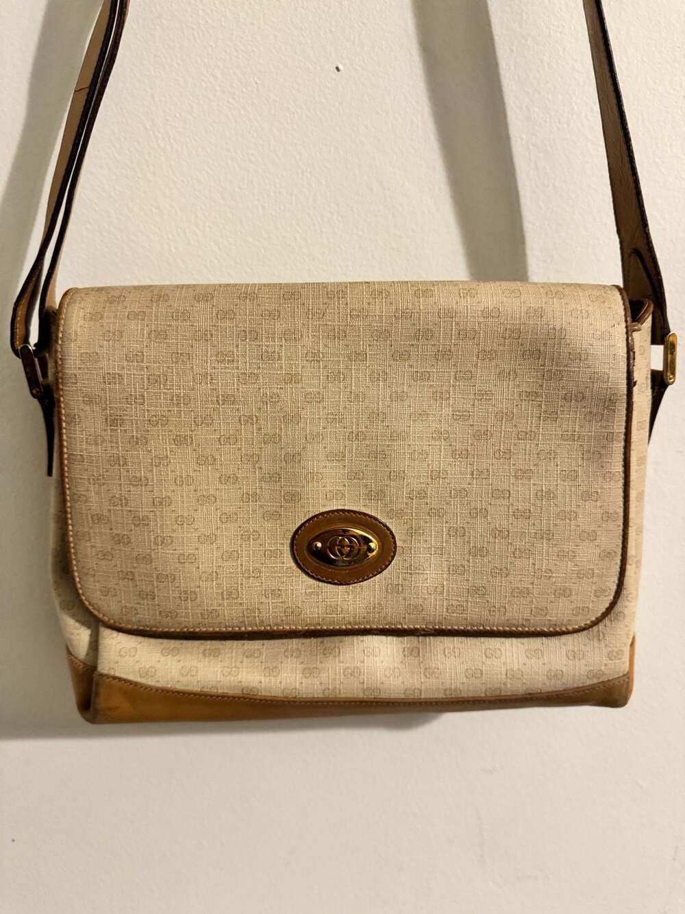Vintage Gucci Monogram Canvas and Leather Trim Crossbody Shoulder Bag